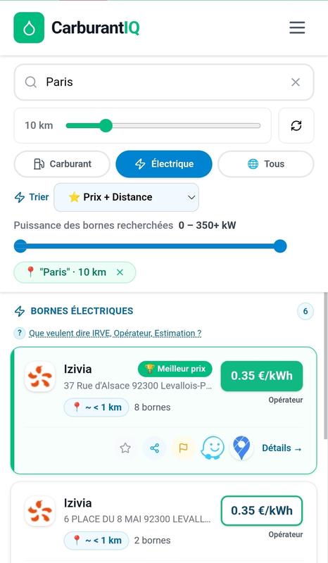 Carte des bornes de recharge avec tarifs résolus et planification