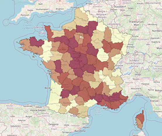 Carte de la densité des professionnels de santé en France
