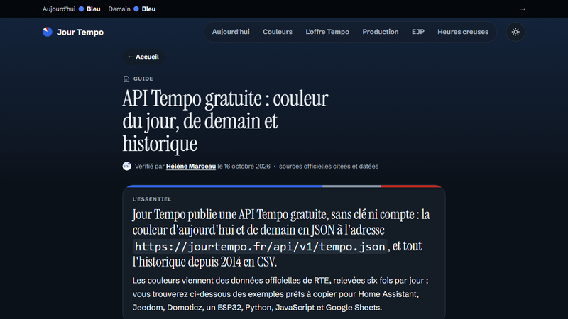 API Tempo Jour Tempo : couleur du jour en JSON et historique en CSV, sans clé