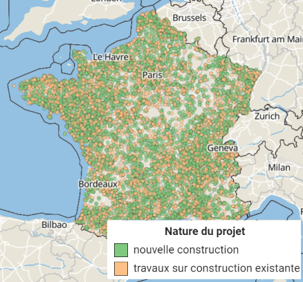 Carte des permis de construire et déclarations préalables de locaux depuis 2017 - SITADEL