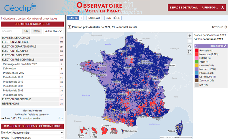 Géoclip - Présidentielle 2022 - 1er tour sur l'Observatoire des Votes en France