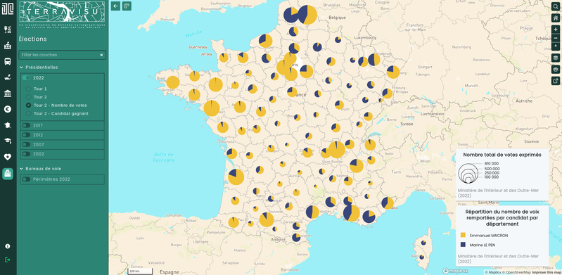 TerraVisu - Répartition du nombre de voix remportées par candidat par département en 2022
