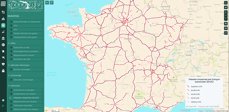 TerraVisu - Vitesses moyennes par tronçon autoroutier (km/h)