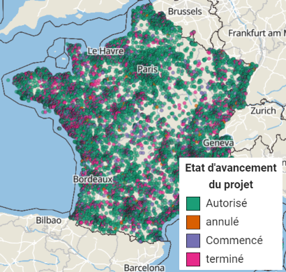 Carte des permis d'aménagement depuis 2013 en France - SITADEL