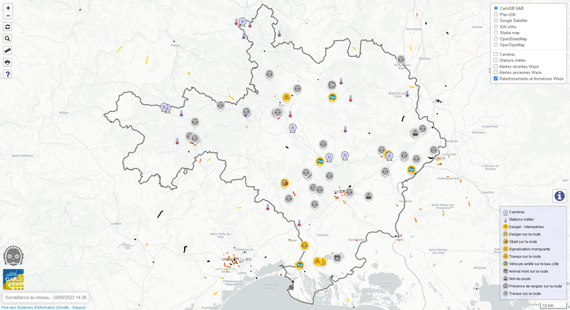 Carte de surveillance du réseau routier départemental du Gard (intranet)