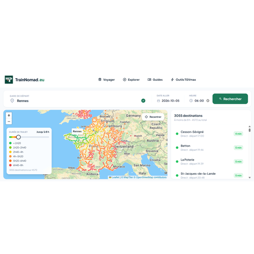 Recherche d'itinéraires en train en Europe et places TGVmax disponibles (TrainNomad)