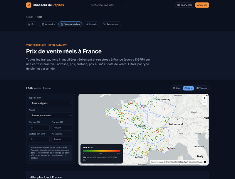 Chasseur de Pépites - Carte des ventes réelles (DVF) et rentabilité locative en France