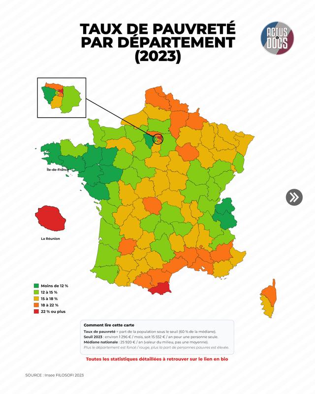 Carte et statistiques interactives - Niveau de vie médian et taux de pauvreté par département en 2023.