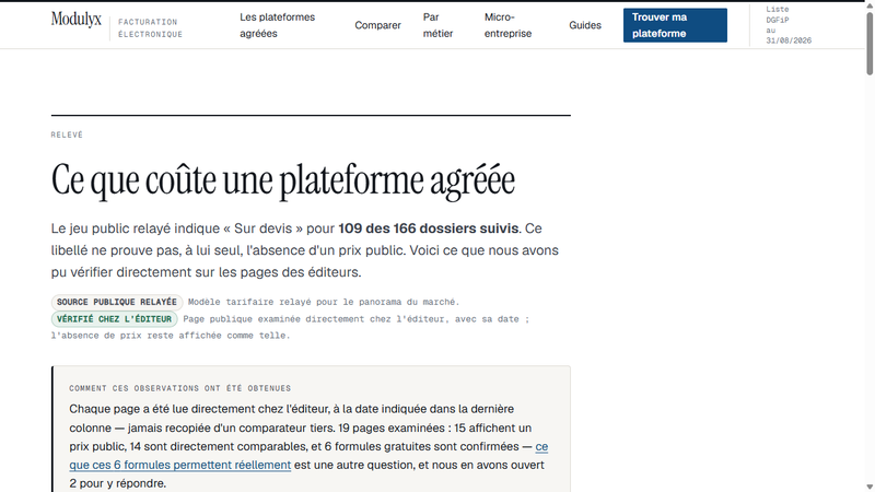 Tarifs des plateformes agréées relevés un par un chez l'éditeur