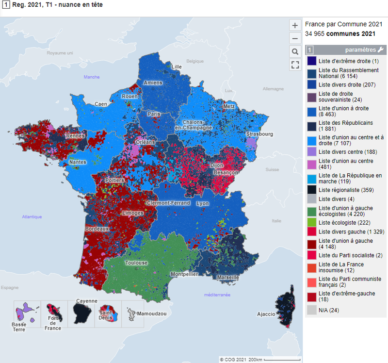 Cartographie communale des nuances en tête aux régionales 2021 - 1er tour