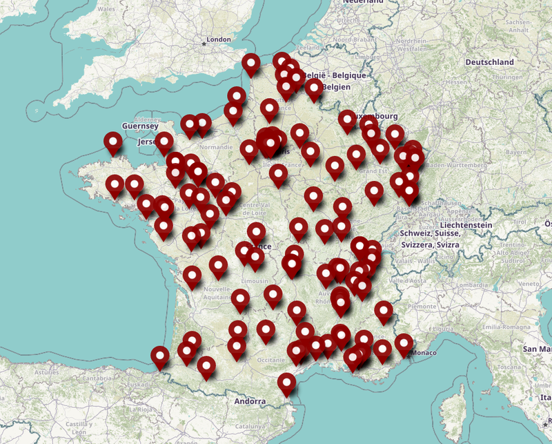 Carte des lieux de collecte de don du sang du jour