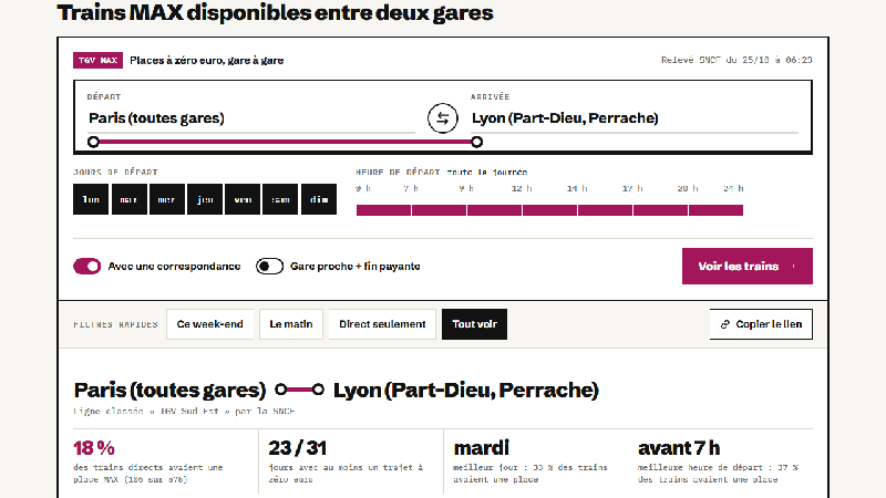 Train Nomade : trains avec une place TGV MAX disponible, gare à gare, sur 30 jours