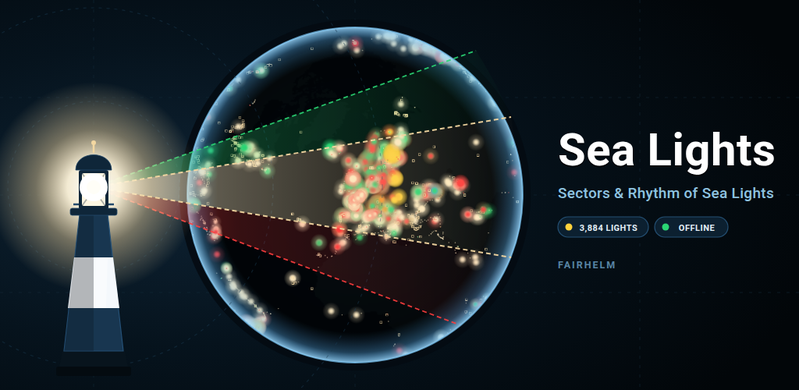 Sea Lights (FairHelm), carte des feux maritimes, secteurs et rythmes (Shom et OpenSeaMap)