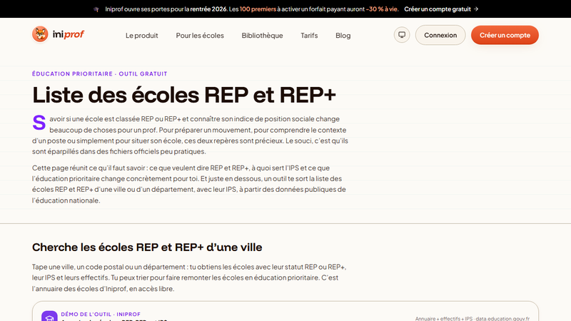 Iniprof — Liste des écoles REP et REP+ (et IPS) par ville