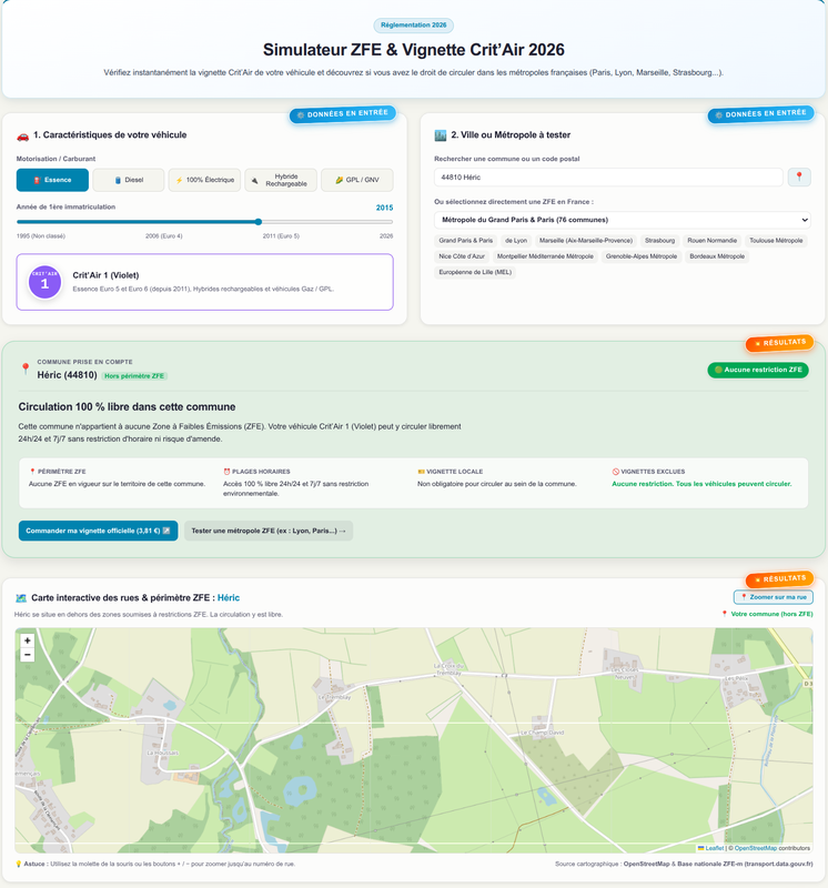 Simulateur ZFE & Vignette Crit'Air 2026 : Règles, Carte interactive et Pass dérogatoires
