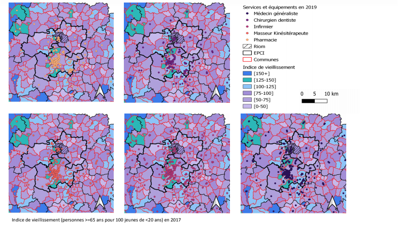 Présence des services de santé de proximité en parallèle à l'indice de vieillissement : comparaison entre Riom Limagne Volcans et Clermont-Auvergne-Métropole