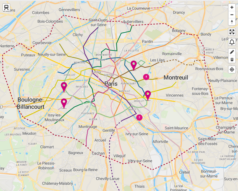 Affichage sur une carte des différentes lignes de métro parisienne