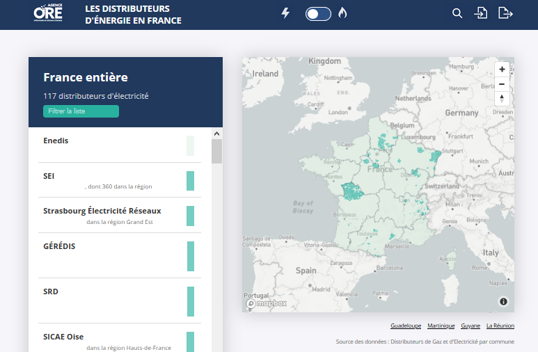 Visualiser les distributeurs d'électricité et de gaz sur un territoire donné
