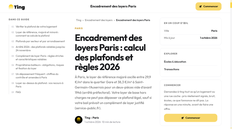 Ting : plafonds d'encadrement des loyers à Paris par secteur et arrondissement