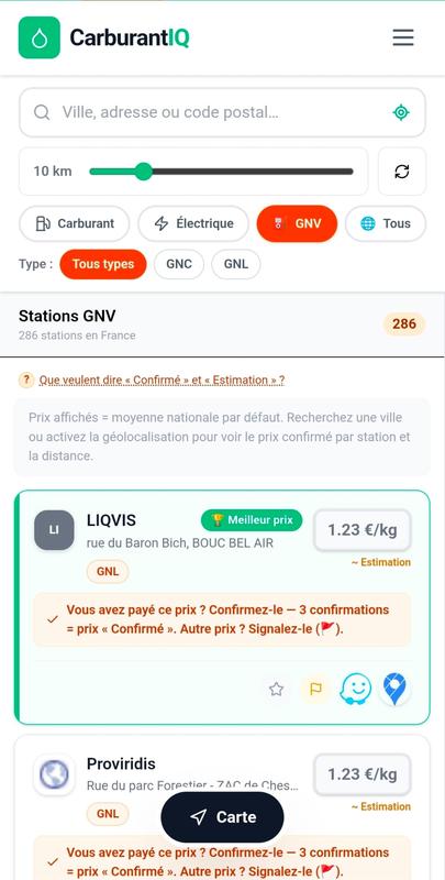 Carte des stations GNV (GNC/GNL) avec prix communautaires et filtre accès poids lourd