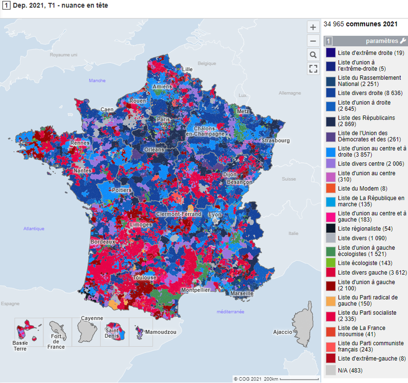 Cartographie communale des nuances en tête aux départementales 2021 - 1er tour