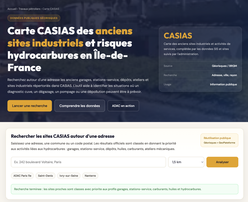 Carte CASIAS des anciens sites industriels et risques hydrocarbures en Île-de-France