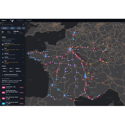Carte en temps réel des trains, métros, trams, bus et vélos en France