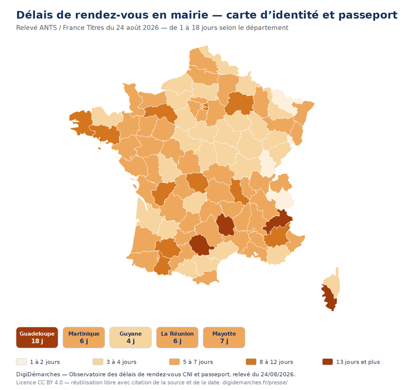 Carte de France des délais de rendez-vous CNI et passeport, par département