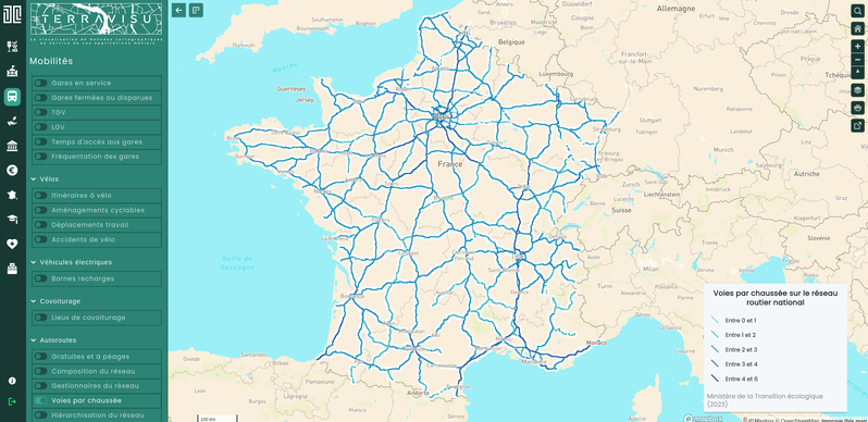 TerraVisu - Voies par chaussée sur le réseau routier national.