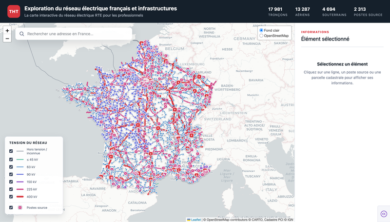 La carte interactive du réseau électrique RTE pour les professionnels