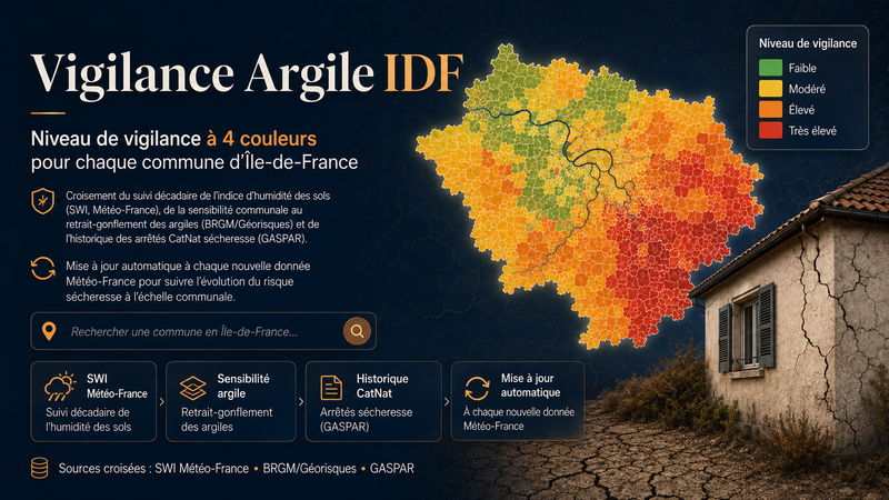 Vigilance Argile IDF : niveau de vigilance sécheresse en temps réel par commune