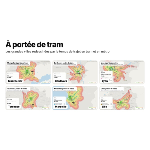 Carte des temps de trajet en tram et métro dans 20 villes françaises