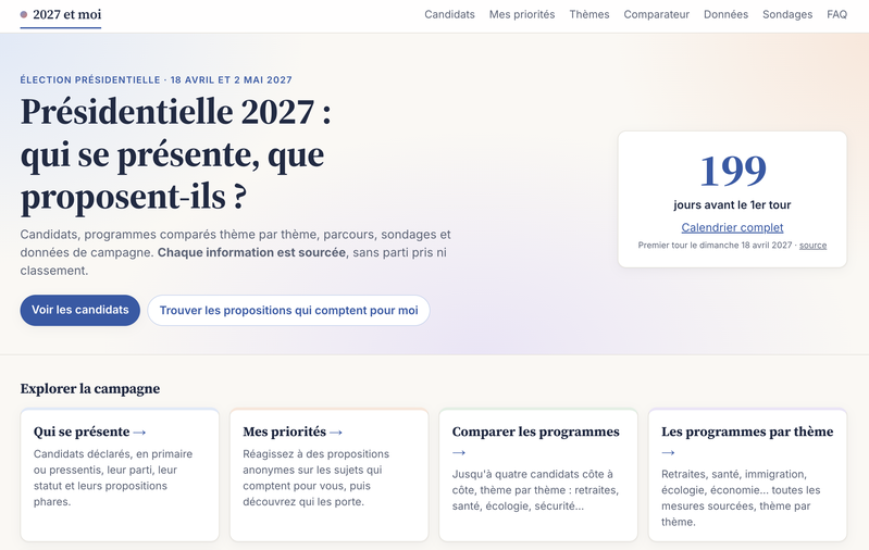 2027 et moi — candidats, programmes, votes, prises de parole et sondages de la présidentielle 2027, tout sourcé